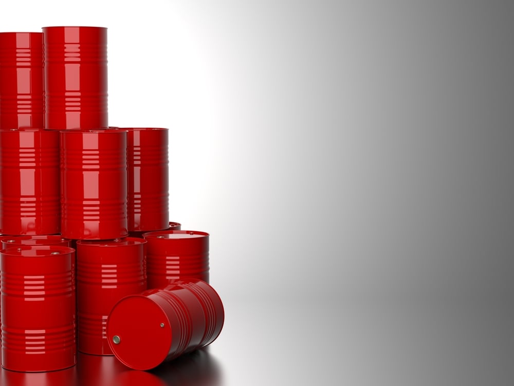 Bunch of Red Barrels for Oil on Gray Background. 3D Render. Bunch of Red Barrels for Oil on Gray Background. 3D Render.